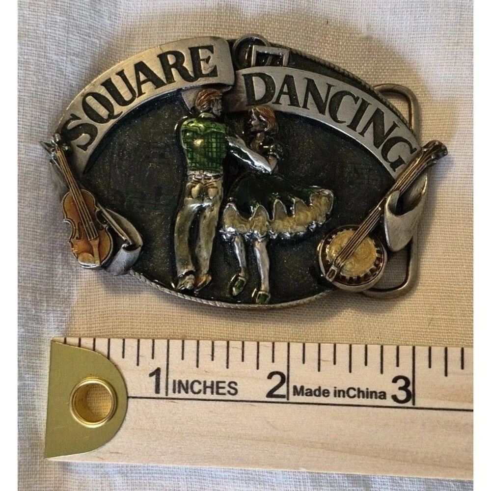 Vintage 1985 Siskiyou Square Dancing Pewter Belt Buckle Enamel Colored Music